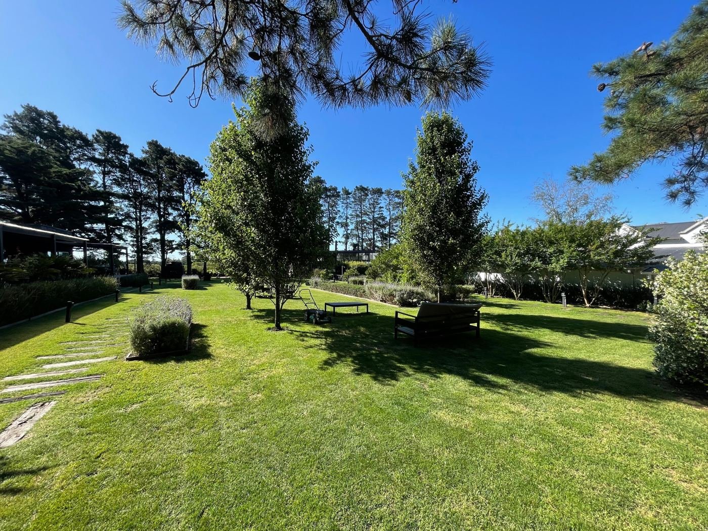 Jardín amplio con arboleda y césped parejo